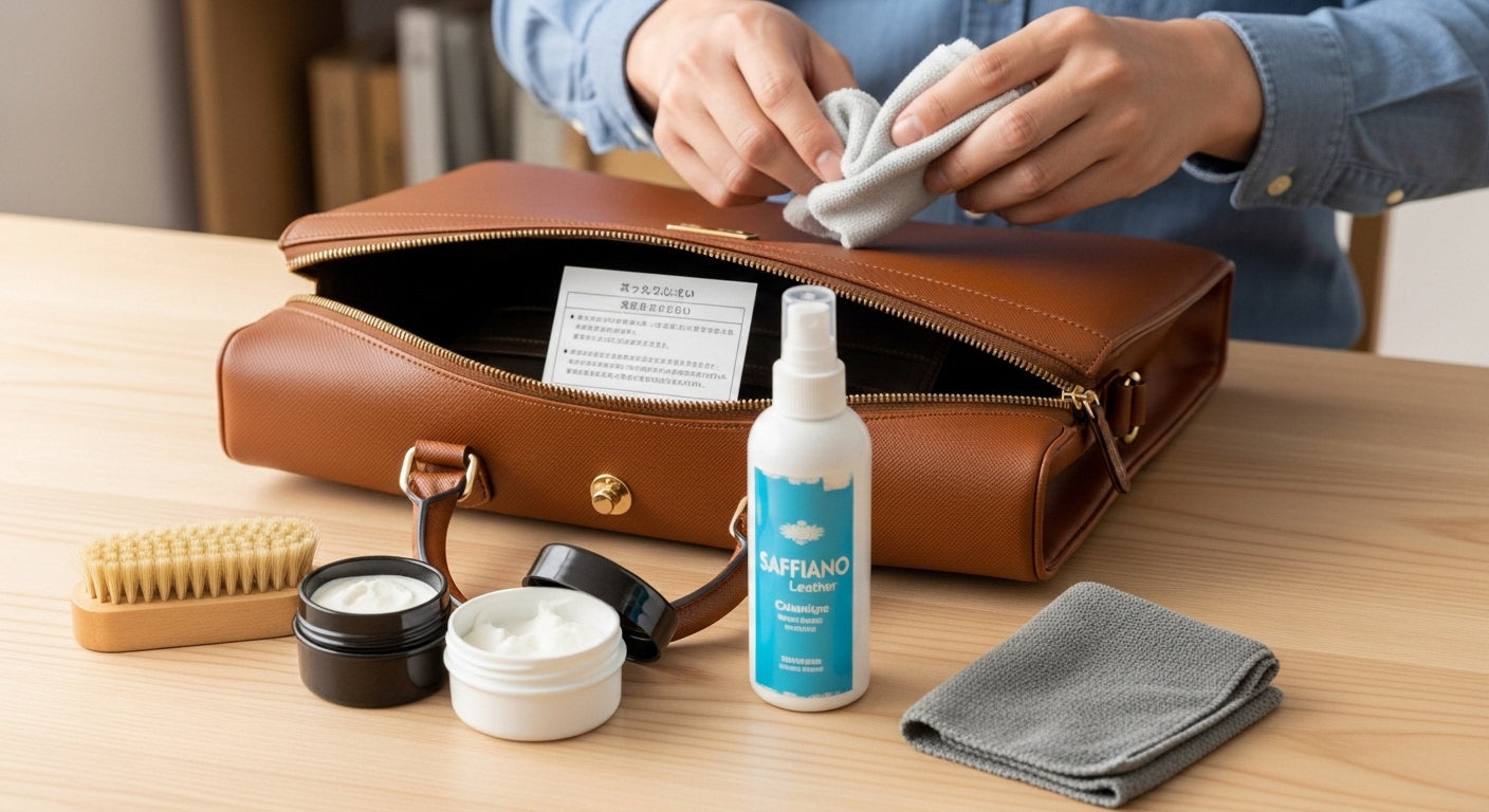 サフィアーノレザーメンズビジネスバッグ手入れ手順と注意点