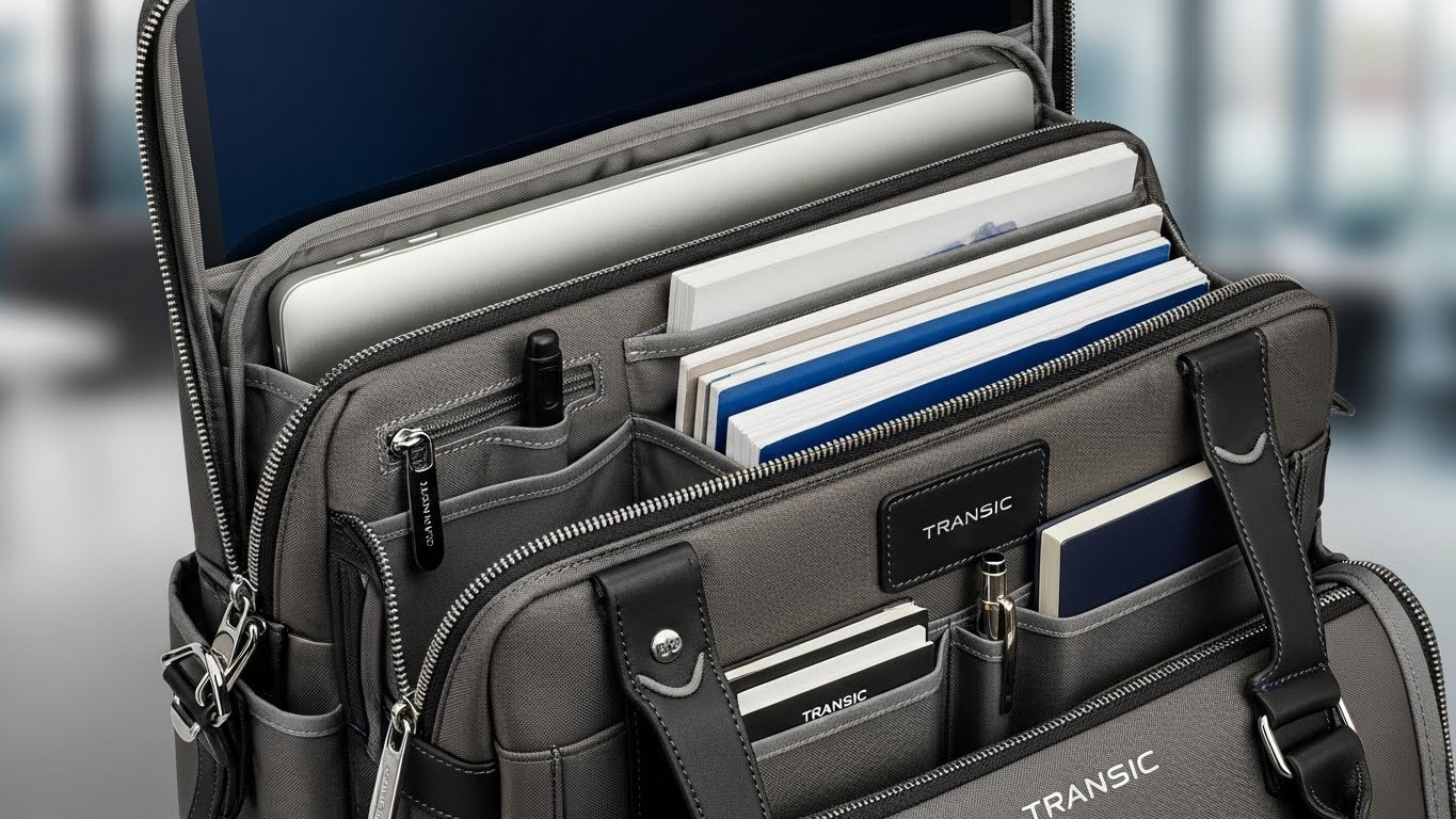 PCと書類を分けて収納できるTRANSICの多室ビジネスバッグ