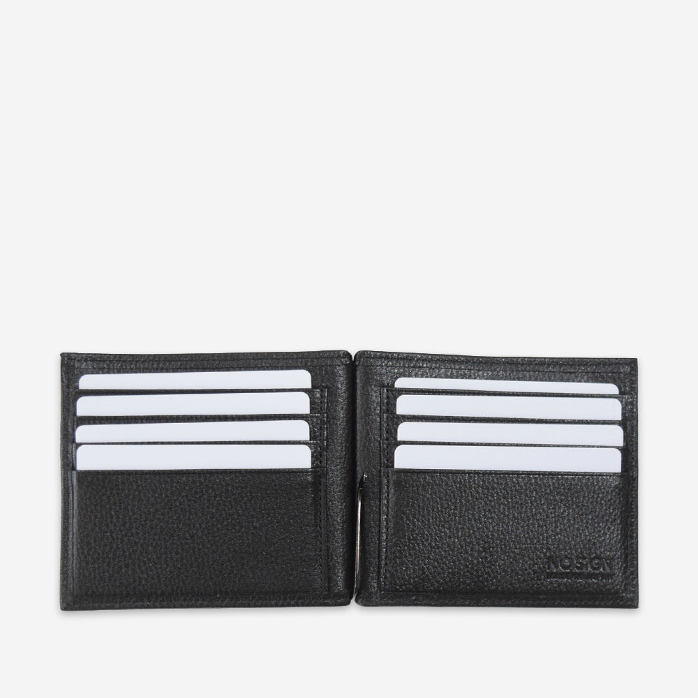 NO SIGN 日本製 本革 二つ折り財布 メンズ マネークリップ 薄い財布 和牛レザー ブラック NS2403 開いたところ